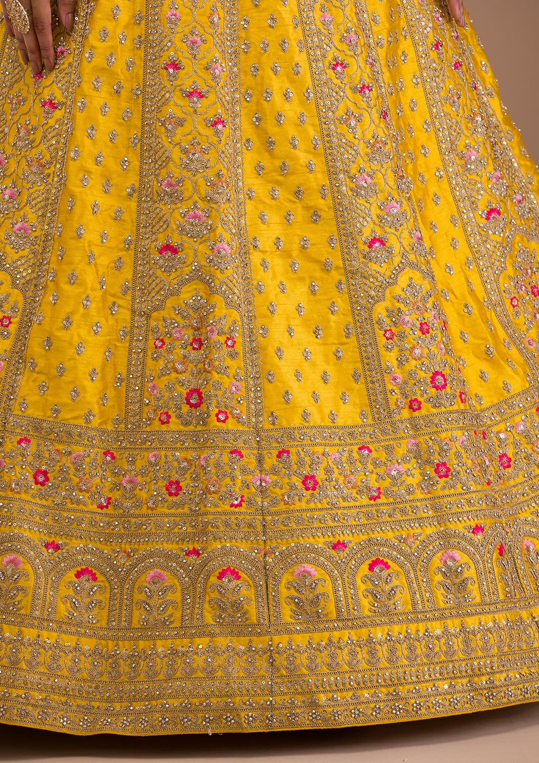 Mustard Zariwork Raw Silk Readymade Lehenga-Koskii