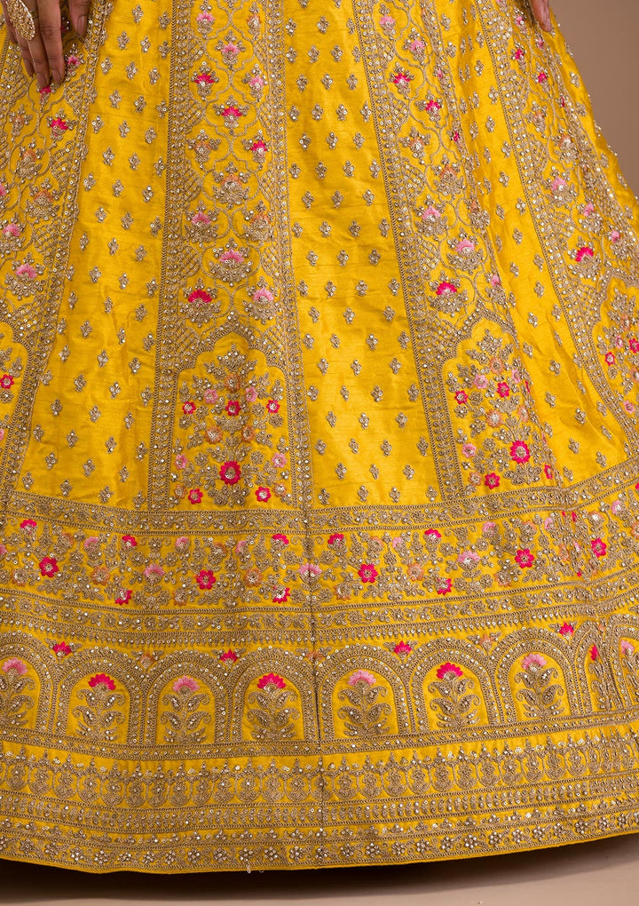 Mustard Zariwork Raw Silk Readymade Lehenga-Koskii
