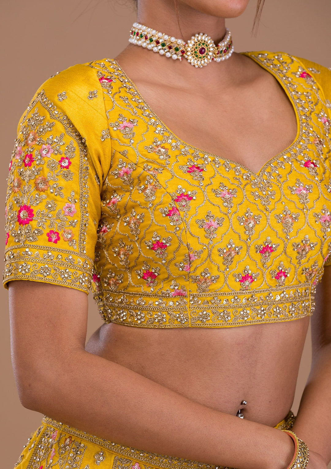 Mustard Zariwork Raw Silk Readymade Lehenga-Koskii