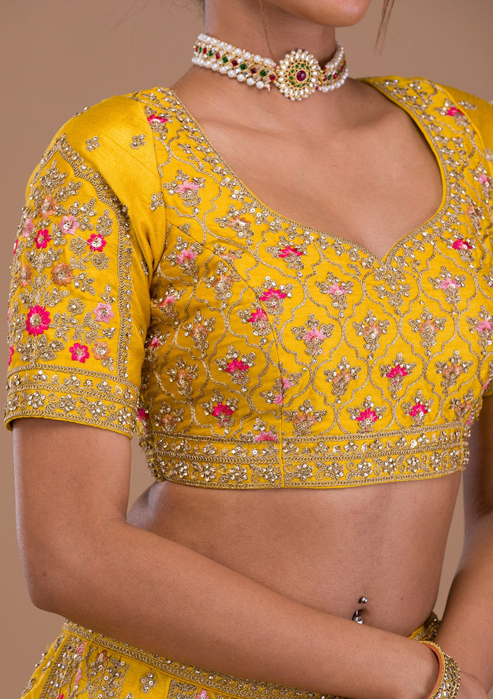 Mustard Zariwork Raw Silk Readymade Lehenga-Koskii
