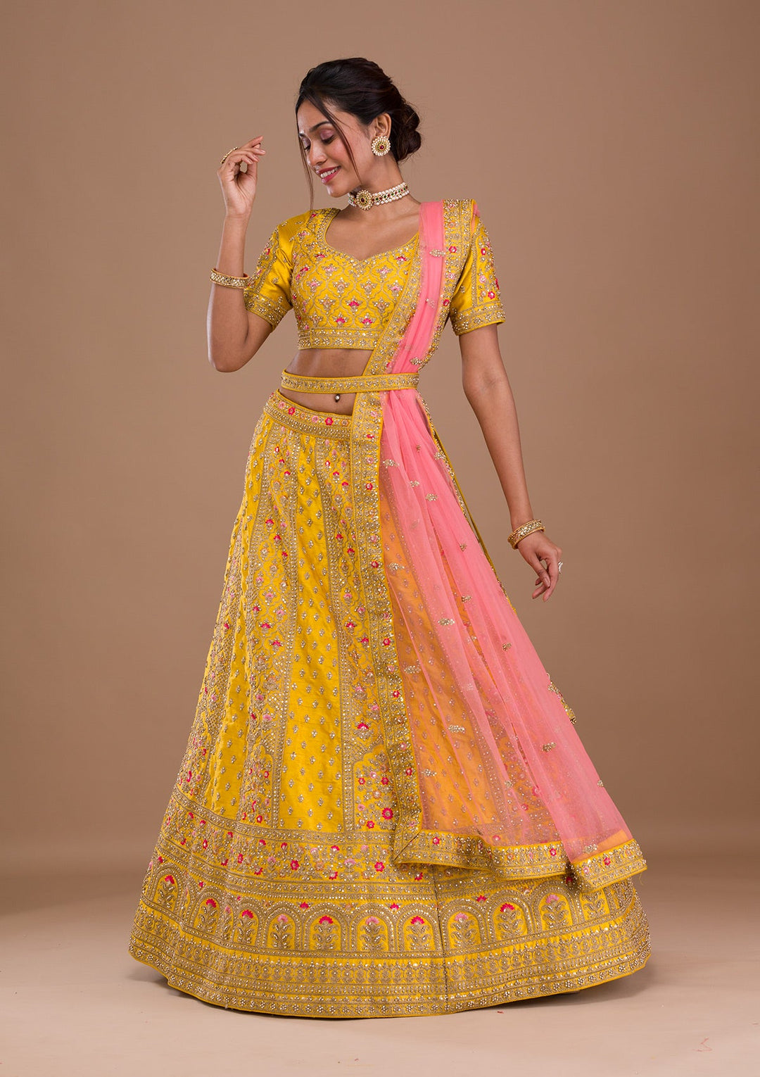 Mustard Zariwork Raw Silk Readymade Lehenga-Koskii