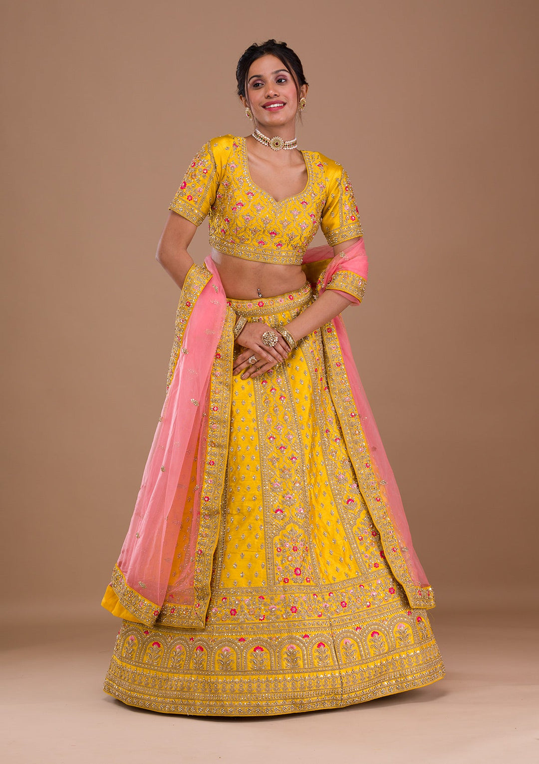 Mustard Zariwork Raw Silk Readymade Lehenga-Koskii