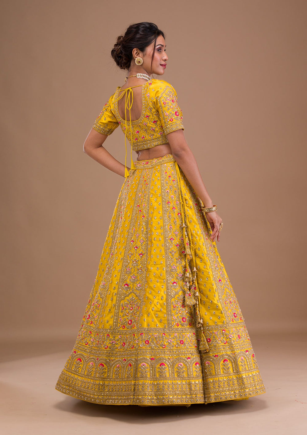 Mustard Zariwork Raw Silk Readymade Lehenga-Koskii