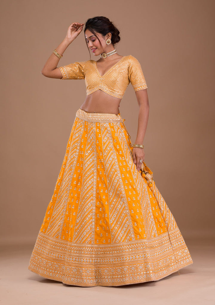 Mustard Zariwork Raw Silk Readymade Lehenga-Koskii