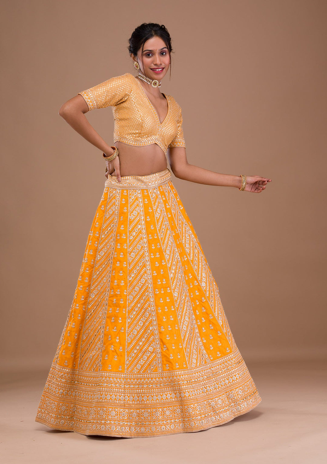 Mustard Zariwork Raw Silk Readymade Lehenga-Koskii
