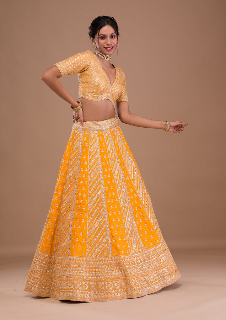 Mustard Zariwork Raw Silk Readymade Lehenga-Koskii