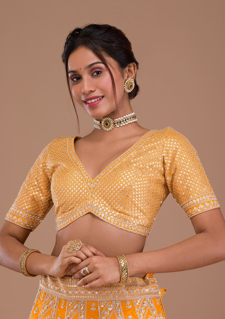 Mustard Zariwork Raw Silk Readymade Lehenga-Koskii