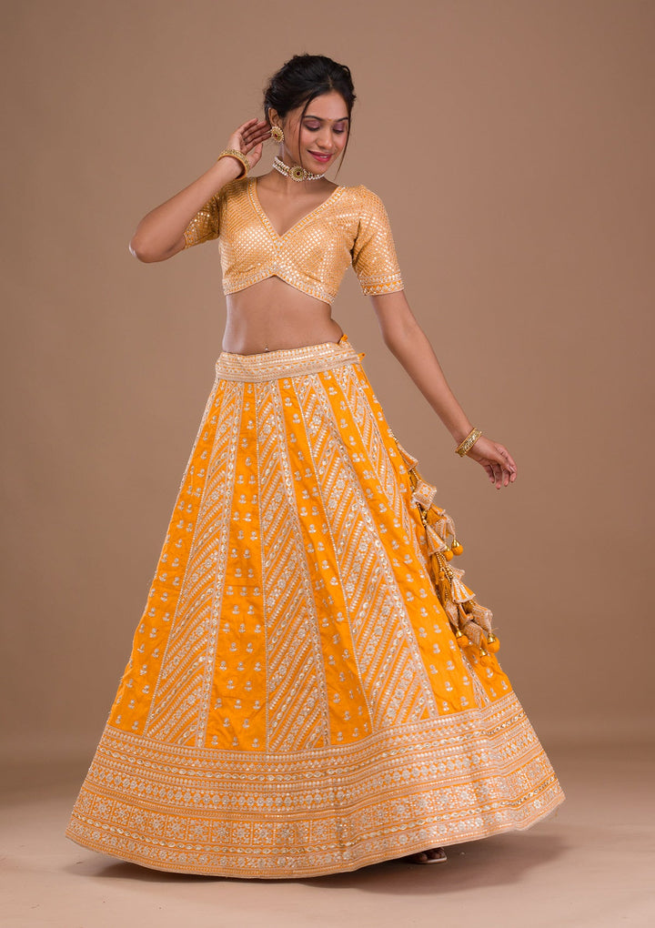 Mustard Zariwork Raw Silk Readymade Lehenga-Koskii