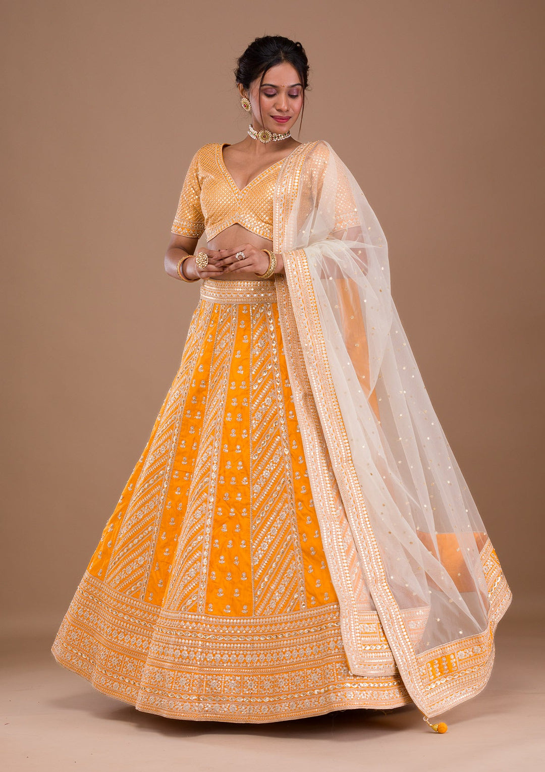 Mustard Zariwork Raw Silk Readymade Lehenga-Koskii