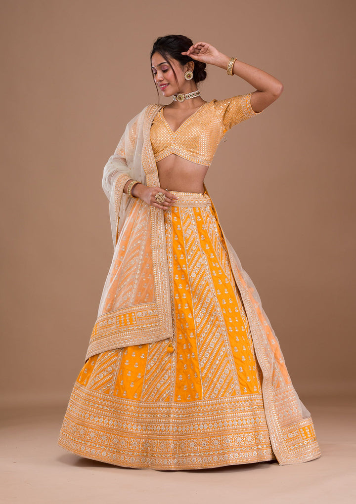 Mustard Zariwork Raw Silk Readymade Lehenga-Koskii