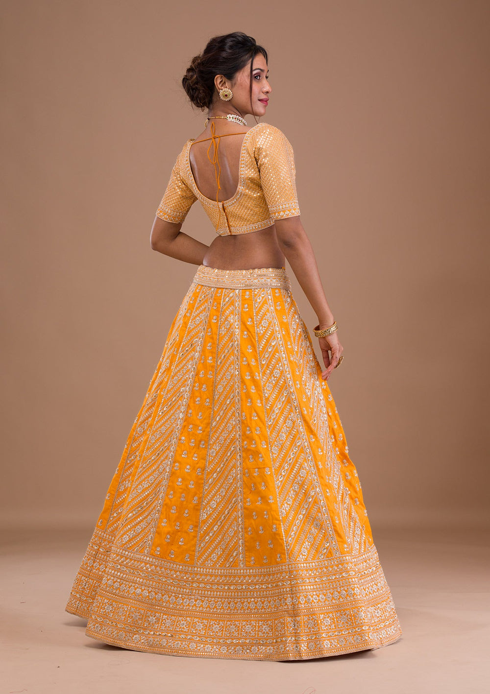 Mustard Zariwork Raw Silk Readymade Lehenga-Koskii
