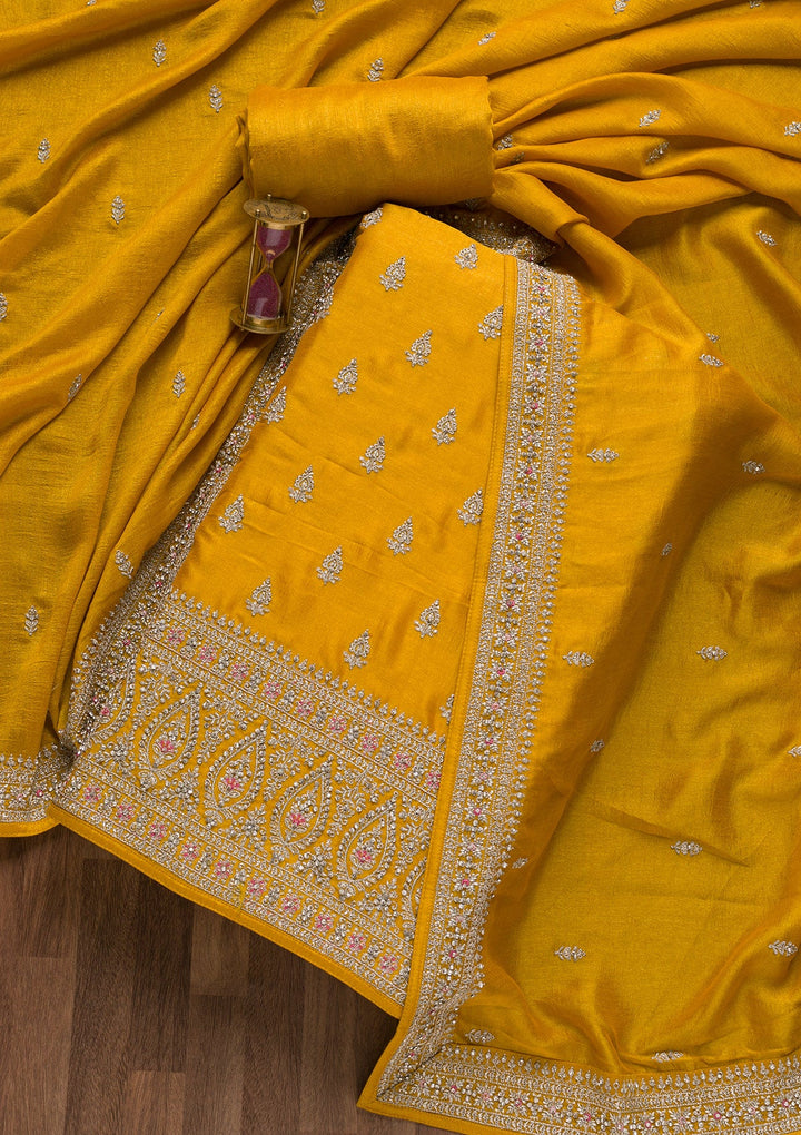 Mustard Zariwork Raw Silk Unstitched Salwar Suit-Koskii