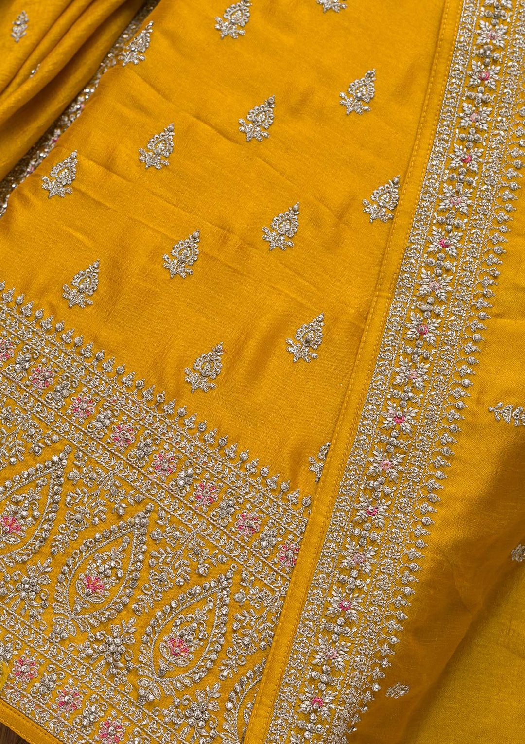 Mustard Zariwork Raw Silk Unstitched Salwar Suit-Koskii