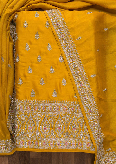 Mustard Zariwork Raw Silk Unstitched Salwar Suit-Koskii