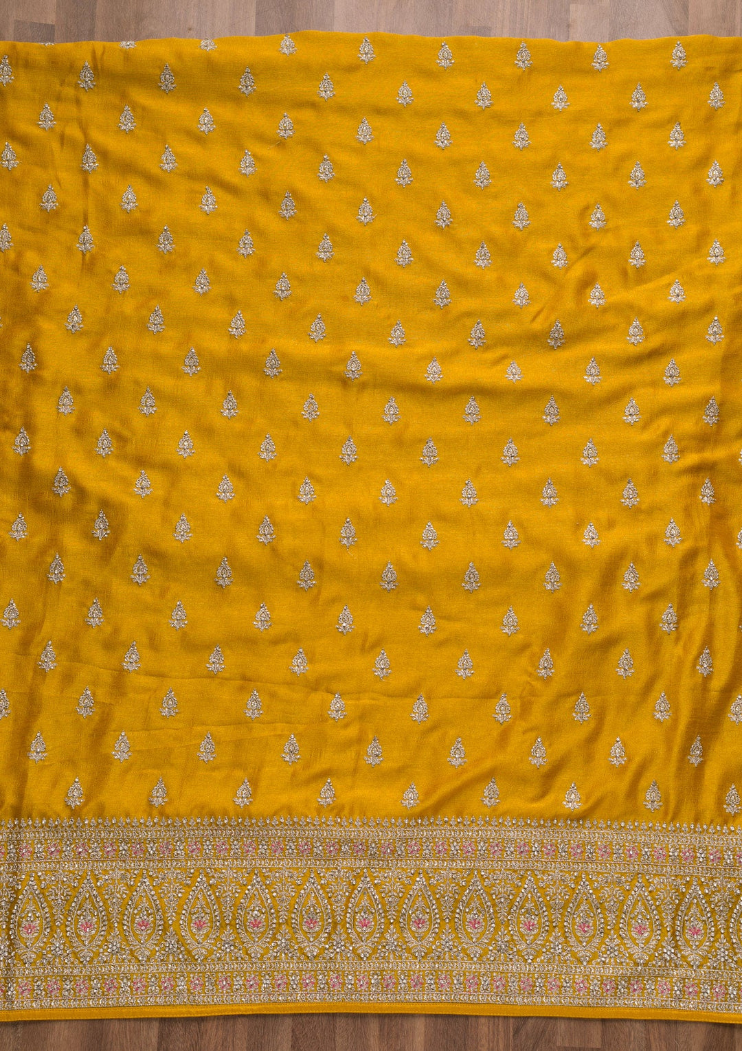 Mustard Zariwork Raw Silk Unstitched Salwar Suit-Koskii