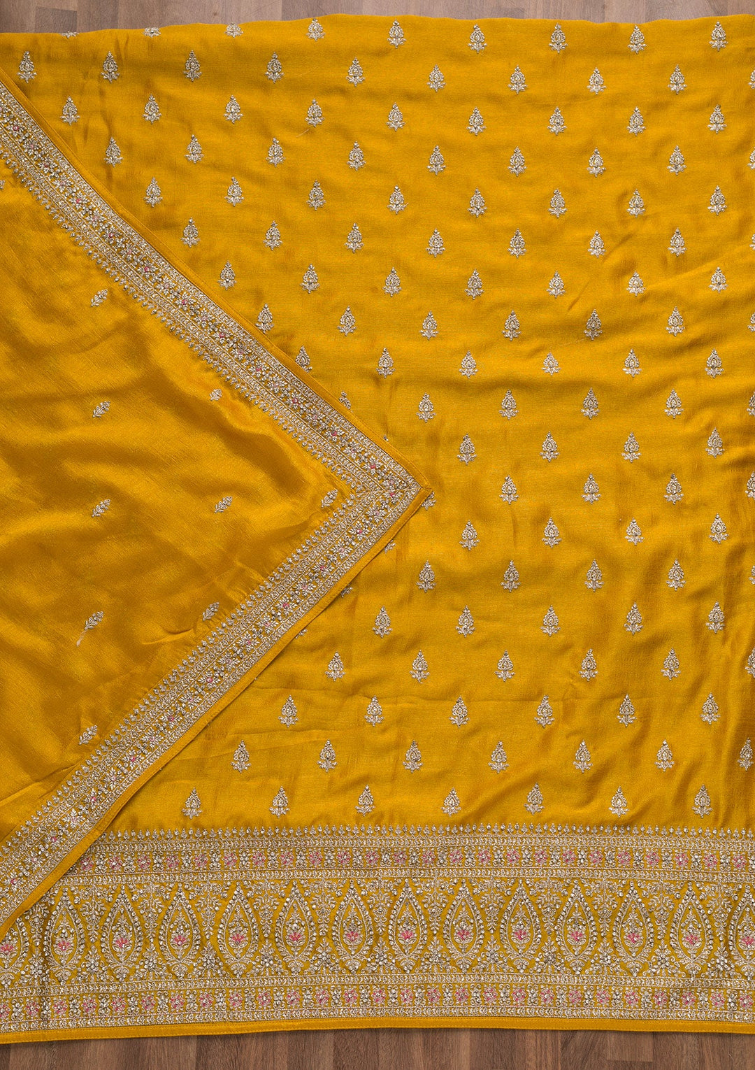 Mustard Zariwork Raw Silk Unstitched Salwar Suit-Koskii