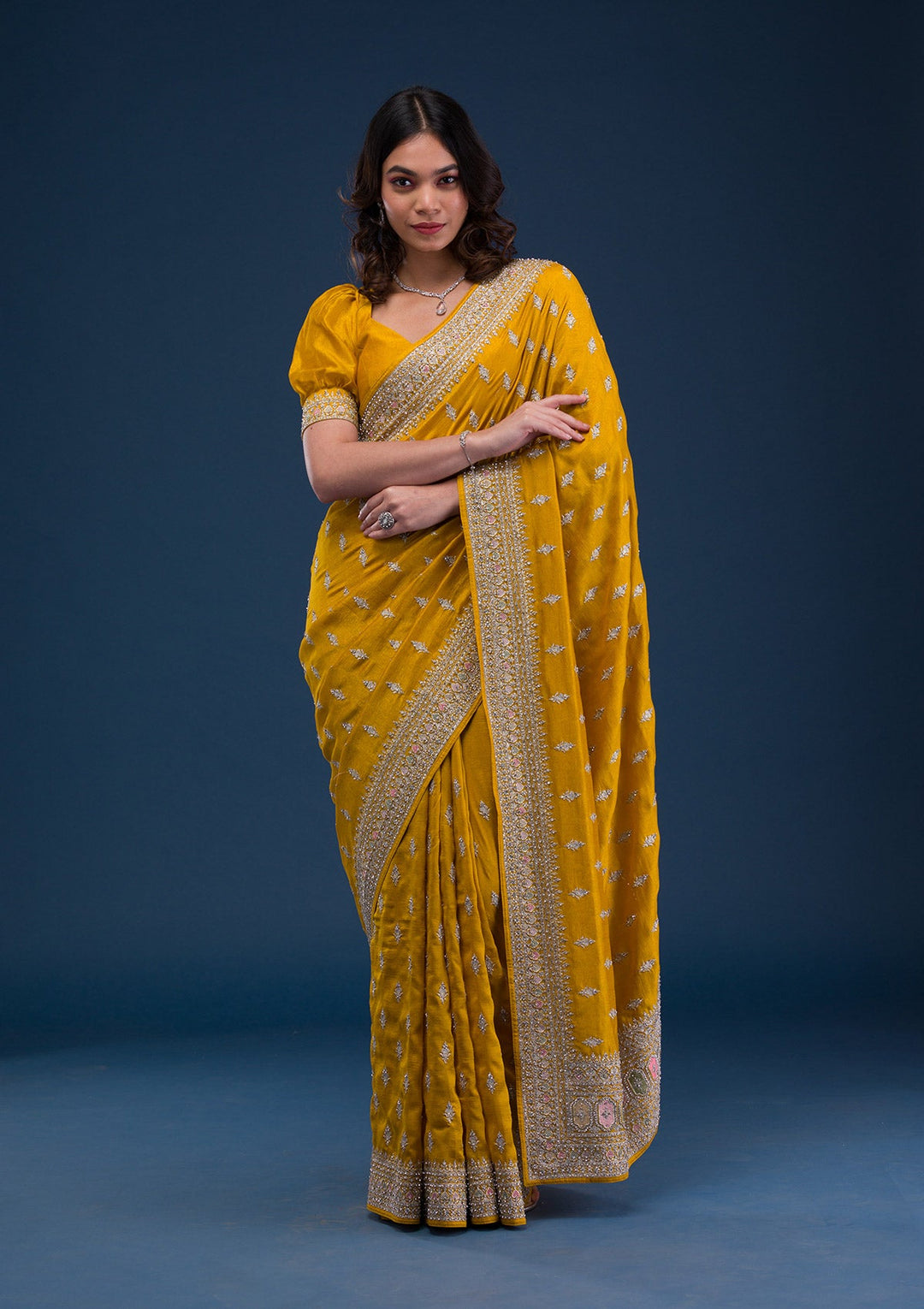 Mustard Zariwork Raw Silk Saree-Koskii