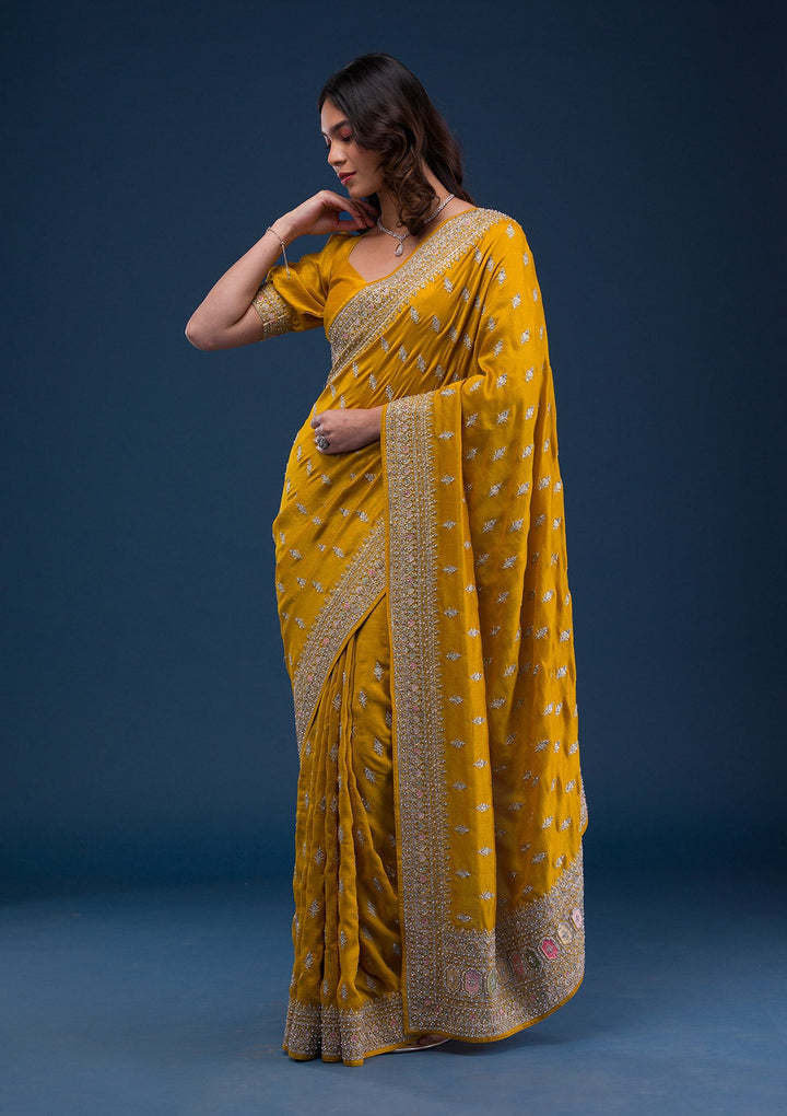 Mustard Zariwork Raw Silk Saree-Koskii