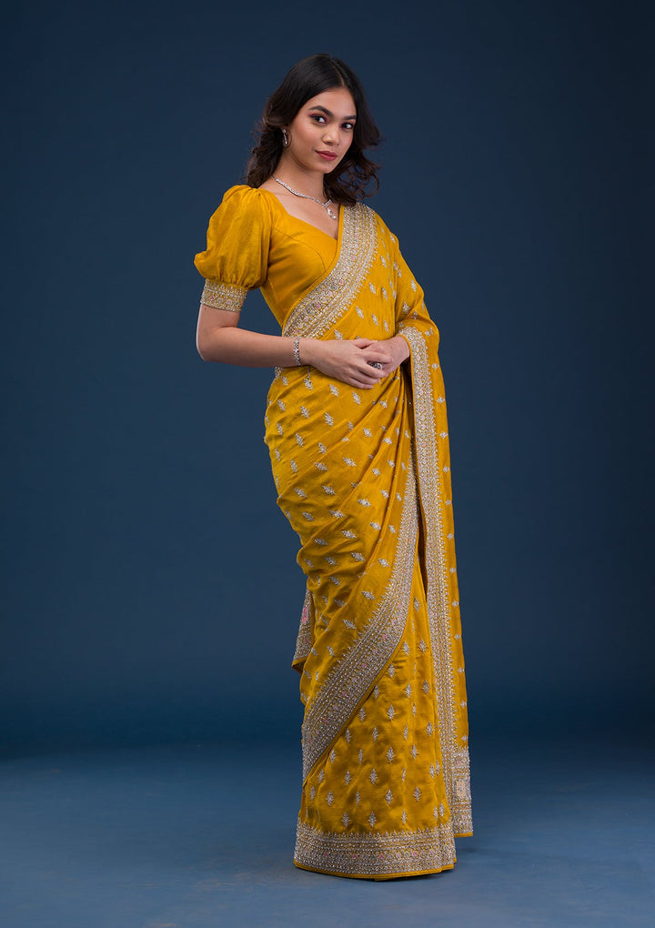 Mustard Zariwork Raw Silk Saree-Koskii