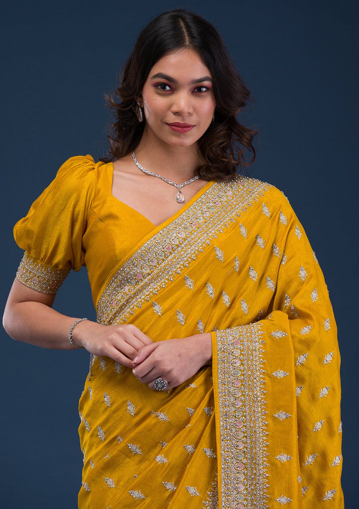 Mustard Zariwork Raw Silk Saree-Koskii