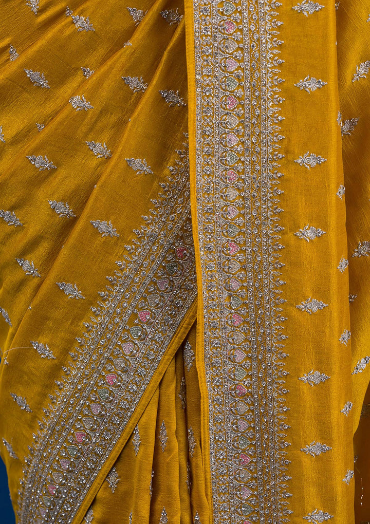 Mustard Zariwork Raw Silk Saree-Koskii