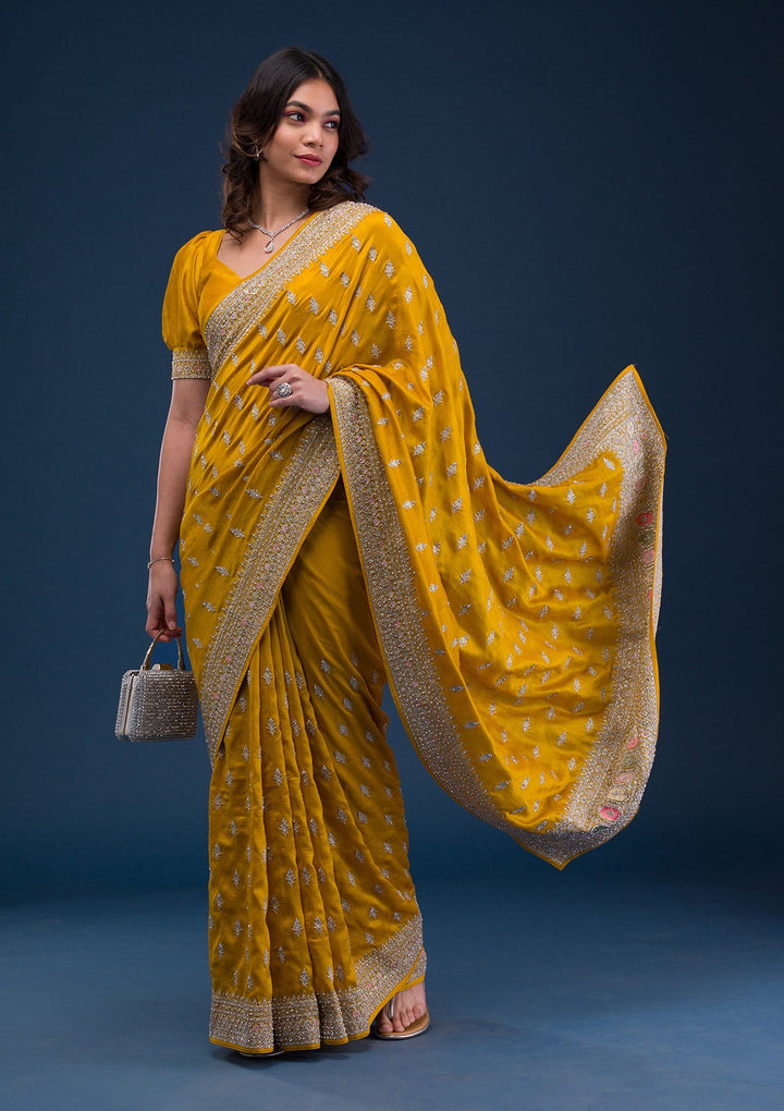 Mustard Zariwork Raw Silk Saree-Koskii