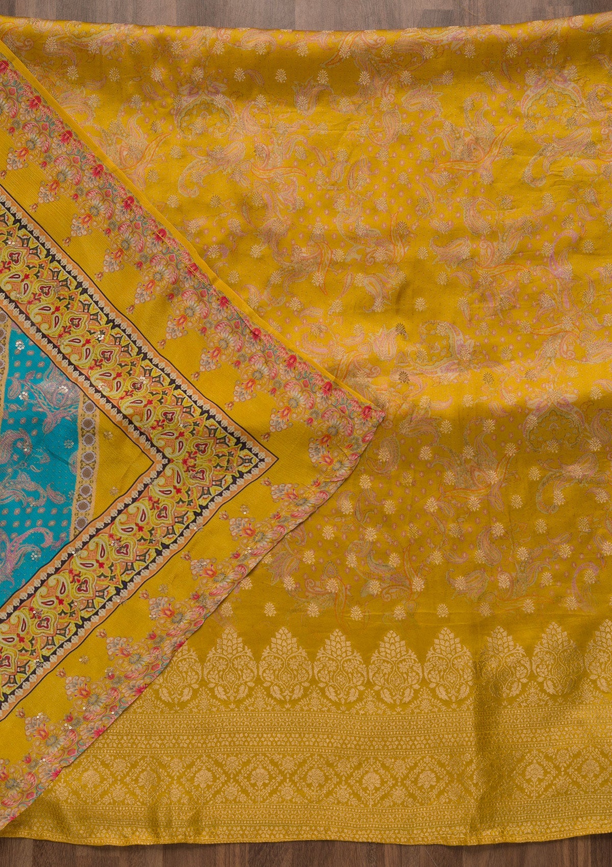 Mustard Zariwork Satin Unstitched Salwar Suit-Koskii