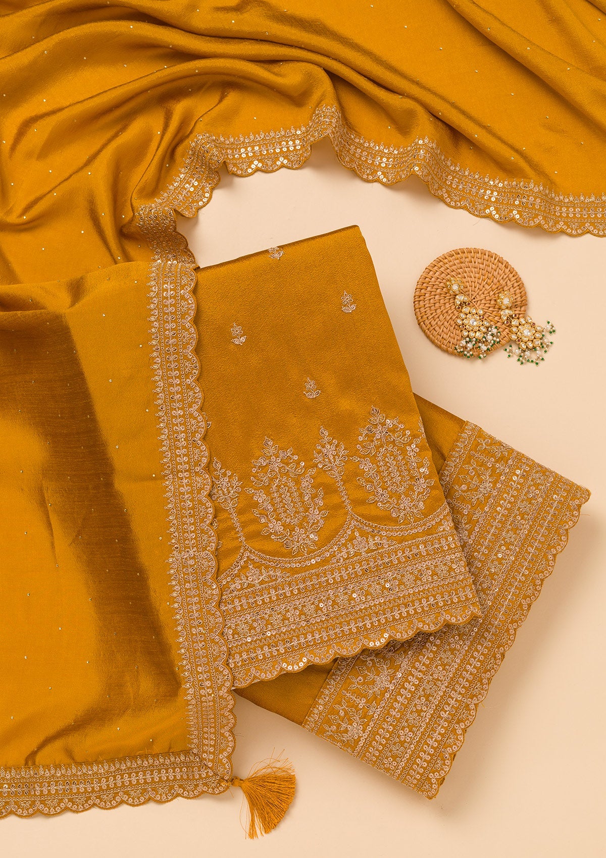 Mustard Zariwork Satin Unstitched Salwar Suit-Koskii