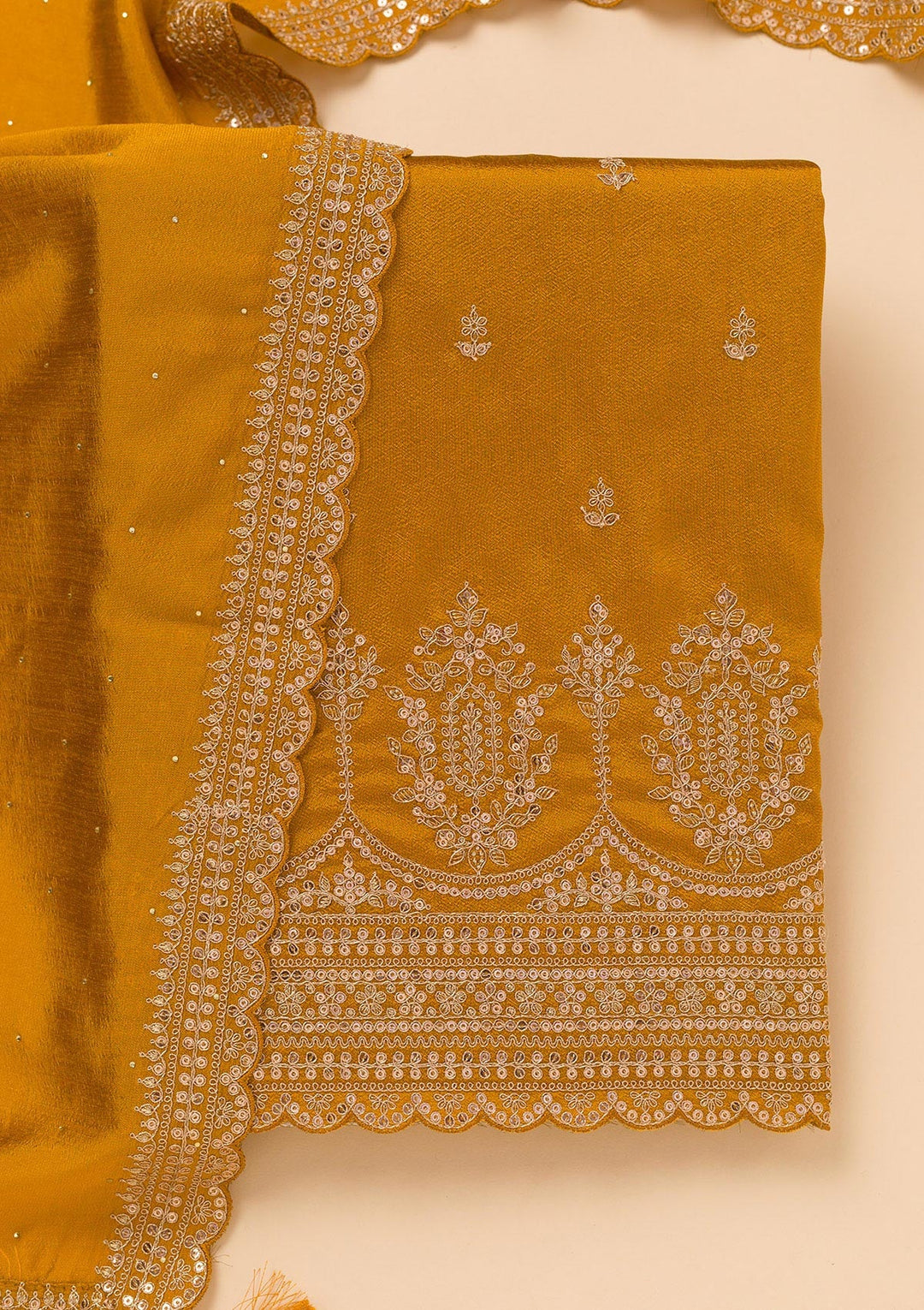 Mustard Zariwork Satin Unstitched Salwar Suit