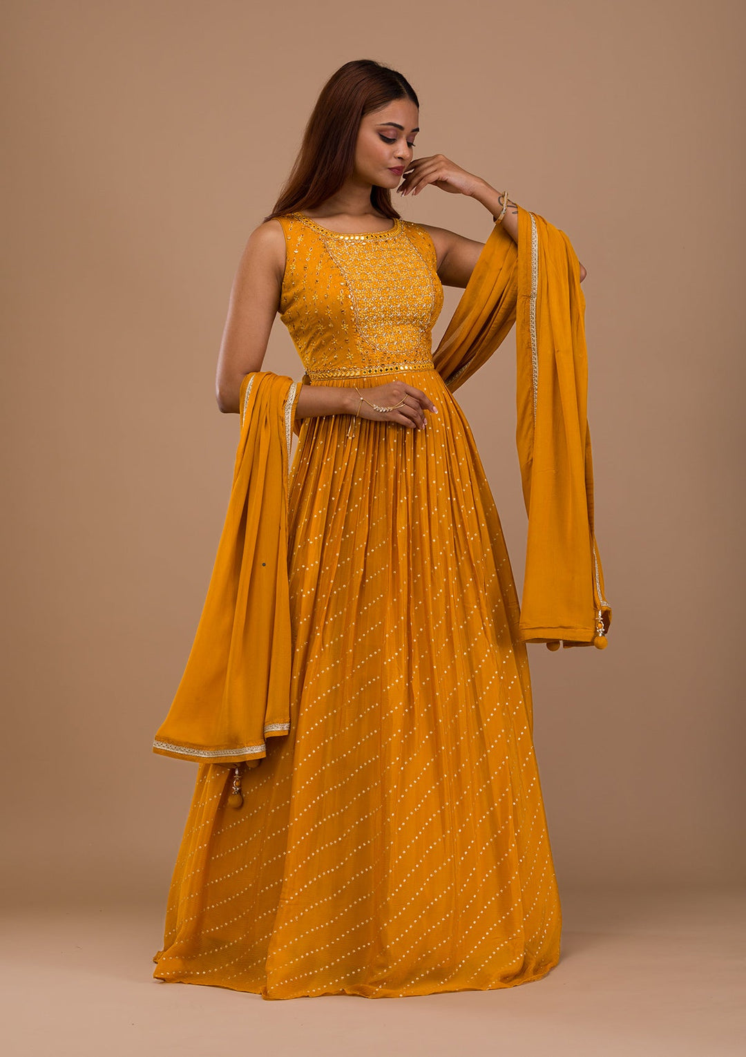 Mustard Zariwork Semi Crepe Readymade Salwar Suit-Koskii
