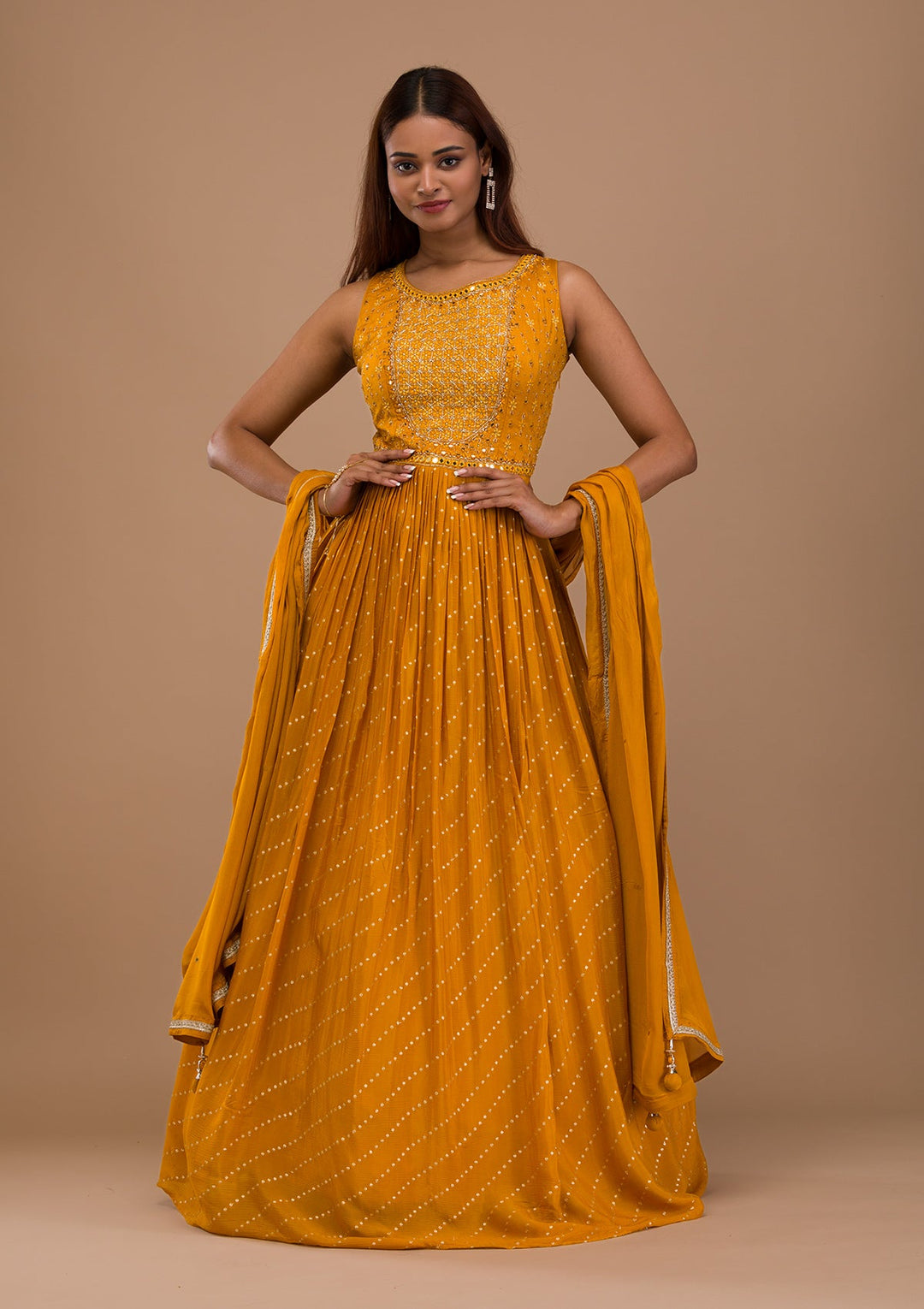 Mustard Zariwork Semi Crepe Readymade Salwar Suit-Koskii