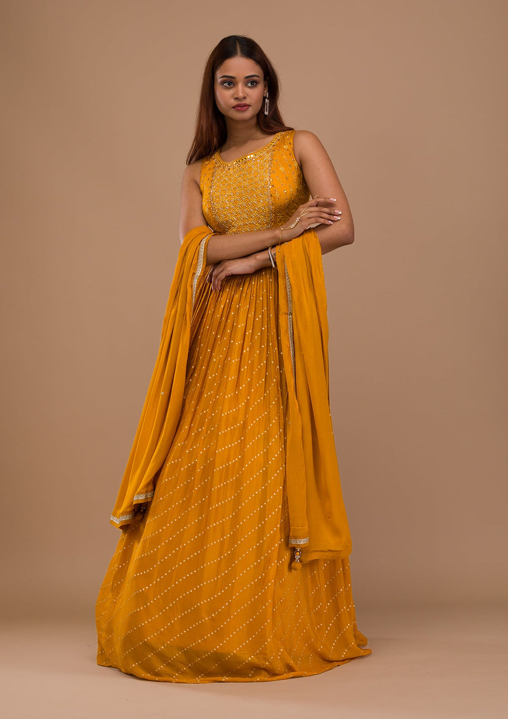 Mustard Zariwork Semi Crepe Readymade Salwar Suit-Koskii