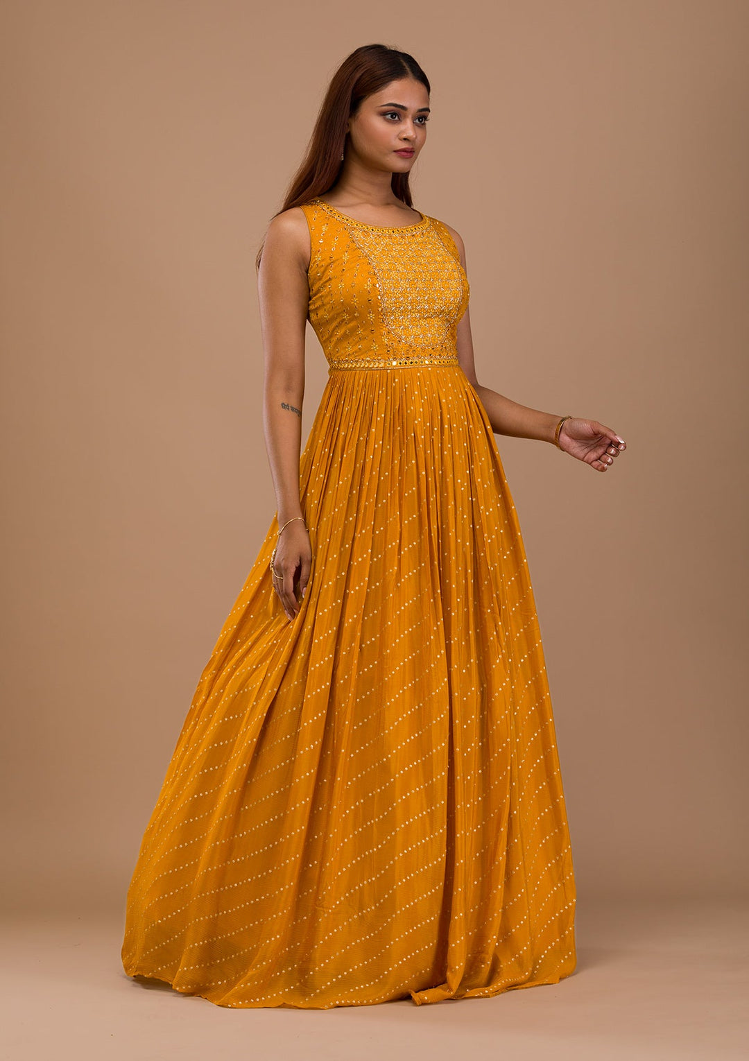 Mustard Zariwork Semi Crepe Readymade Salwar Suit-Koskii