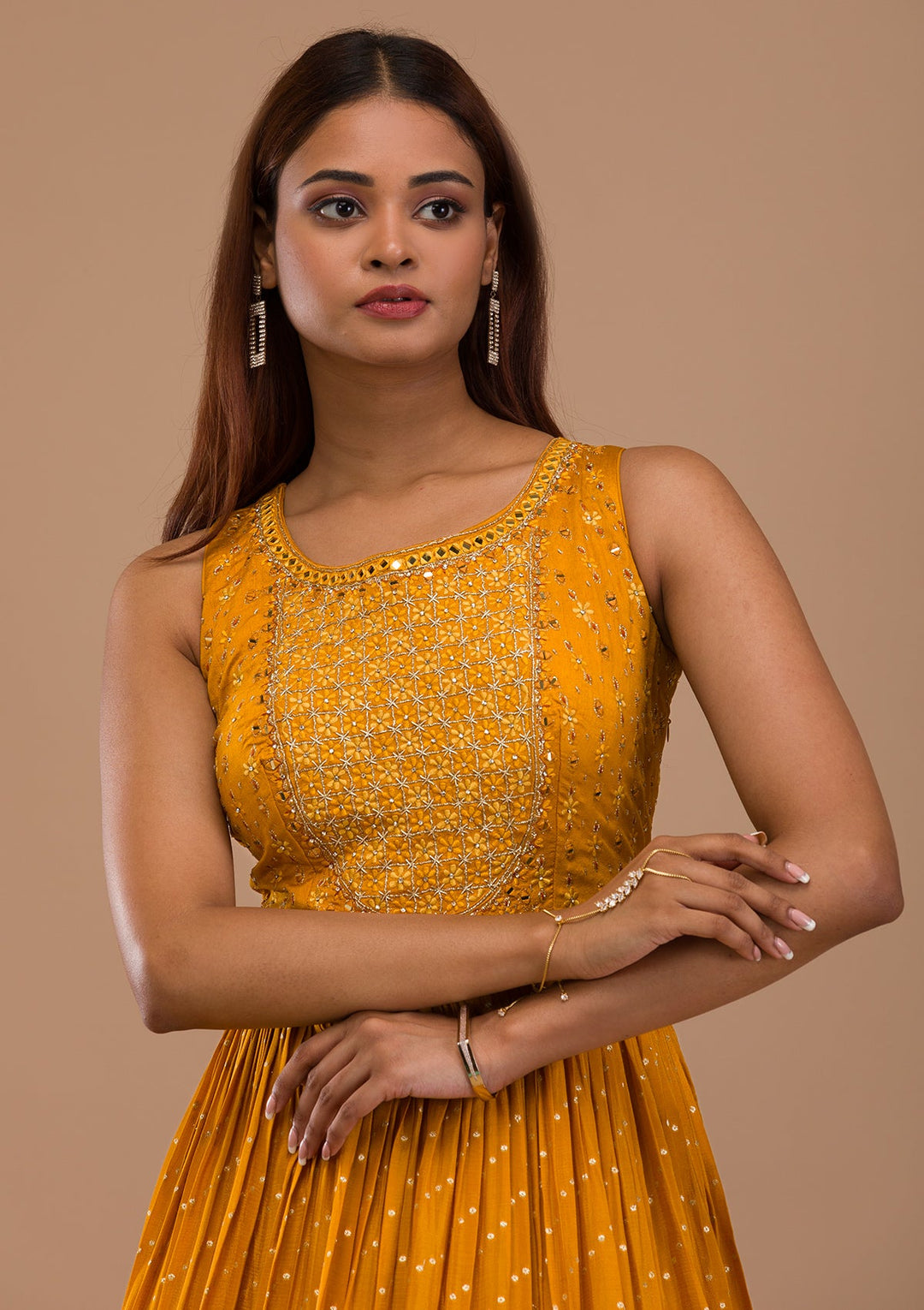 Mustard Zariwork Semi Crepe Readymade Salwar Suit-Koskii