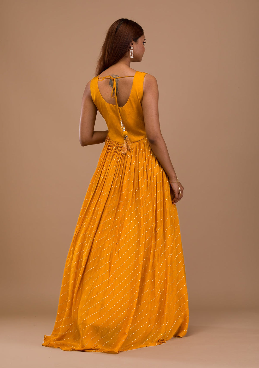 Mustard Zariwork Semi Crepe Readymade Salwar Suit-Koskii