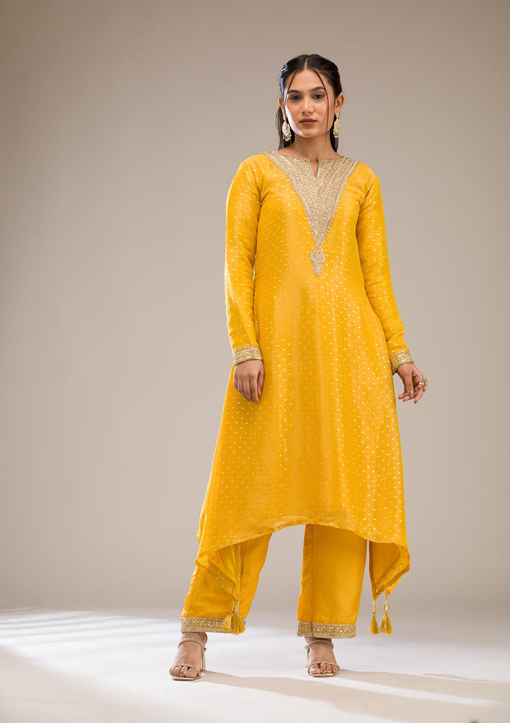 Mustard Zariwork Semi Crepe Readymade Salwar Suit-Koskii