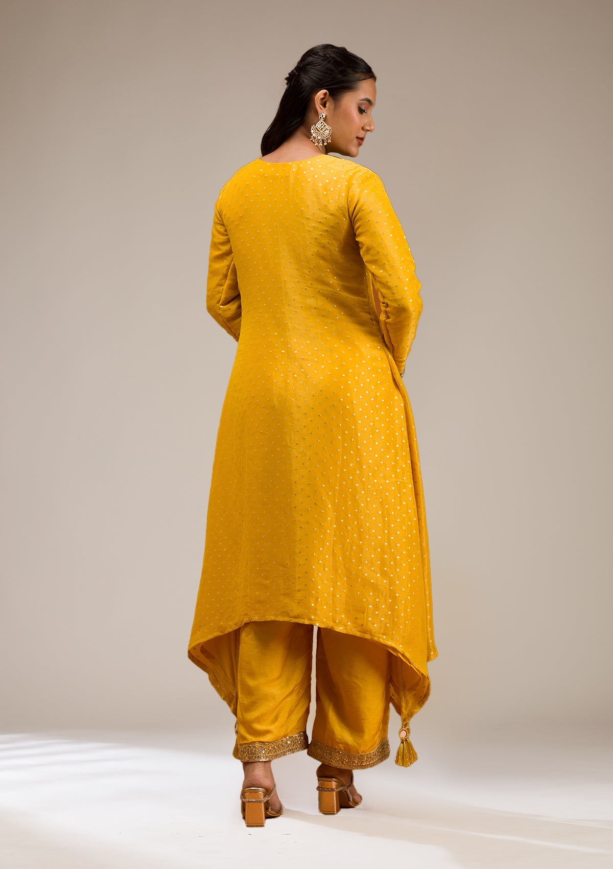 Mustard Zariwork Semi Crepe Readymade Salwar Suit-Koskii