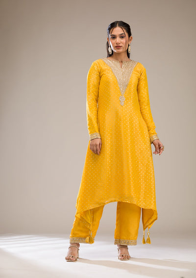 Mustard Zariwork Semi Crepe Readymade Salwar Suit-Koskii