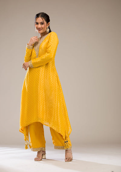 Mustard Zariwork Semi Crepe Readymade Salwar Suit-Koskii