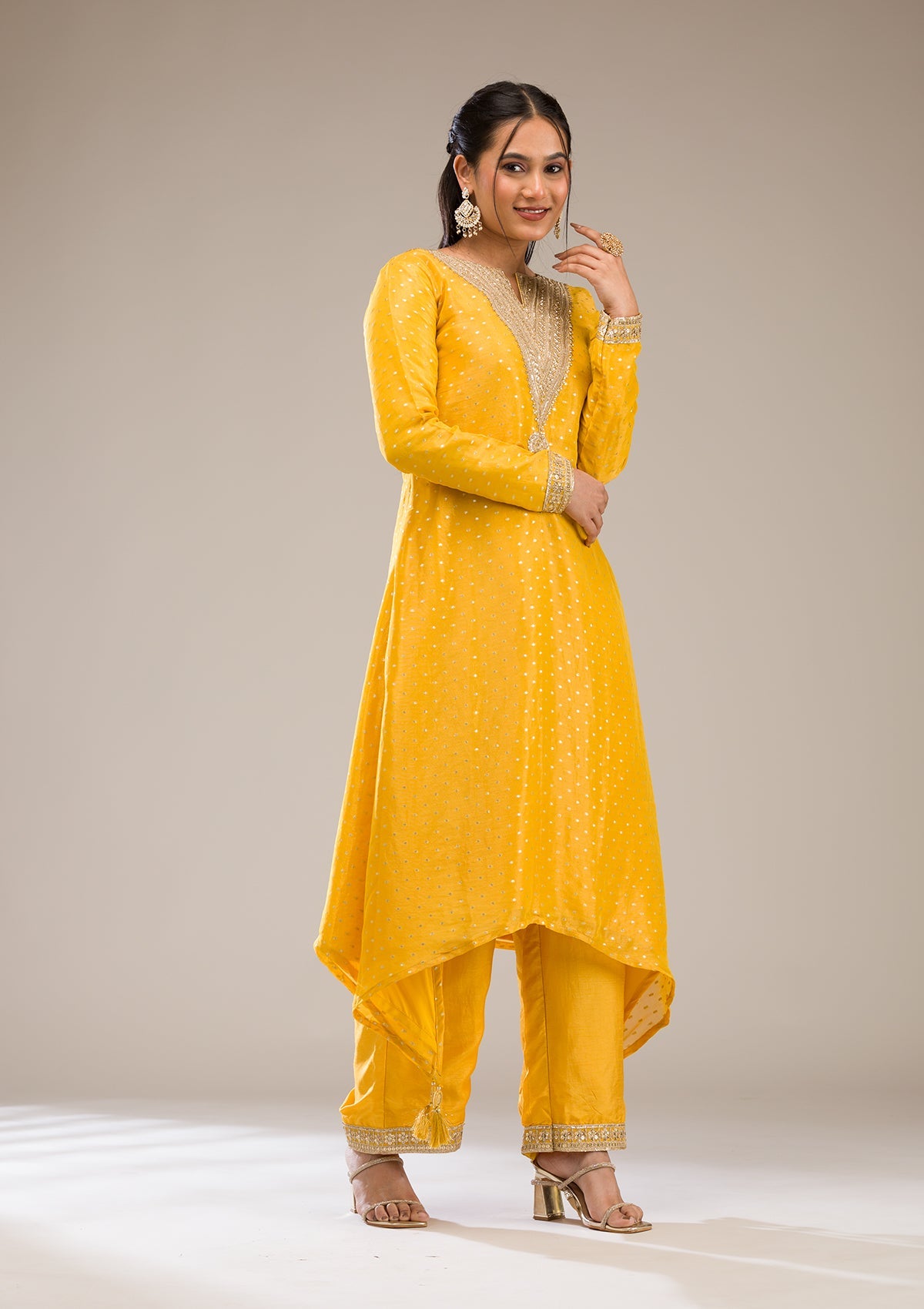 Mustard Zariwork Semi Crepe Readymade Salwar Suit-Koskii