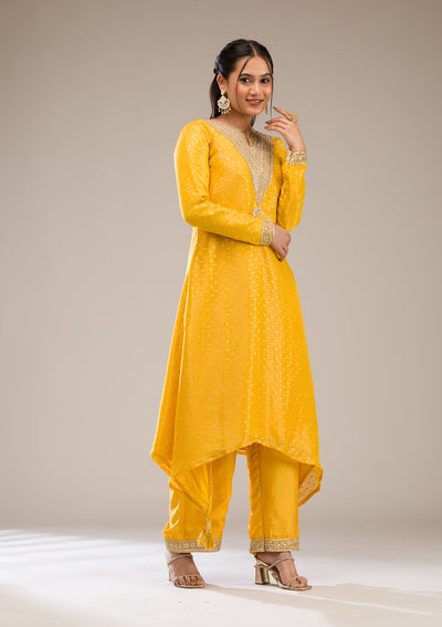 Mustard Zariwork Semi Crepe Readymade Salwar Suit-Koskii