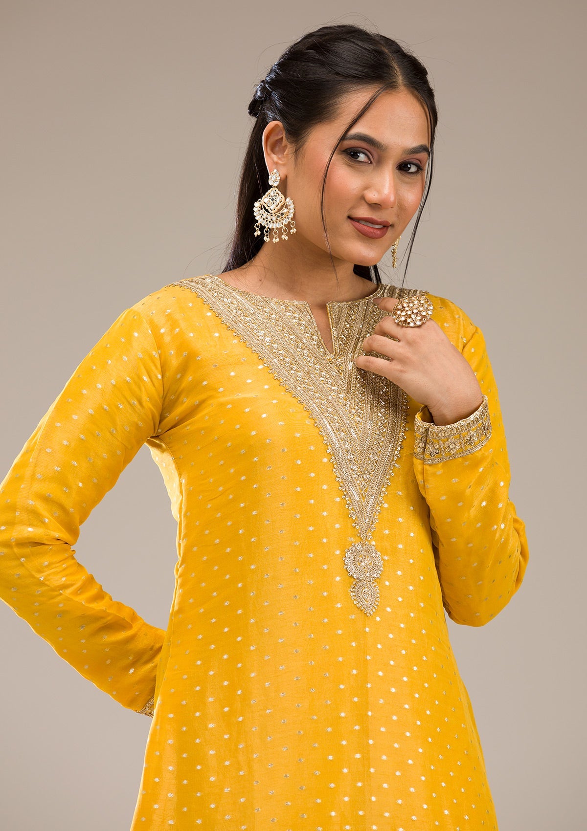 Mustard Zariwork Semi Crepe Readymade Salwar Suit-Koskii