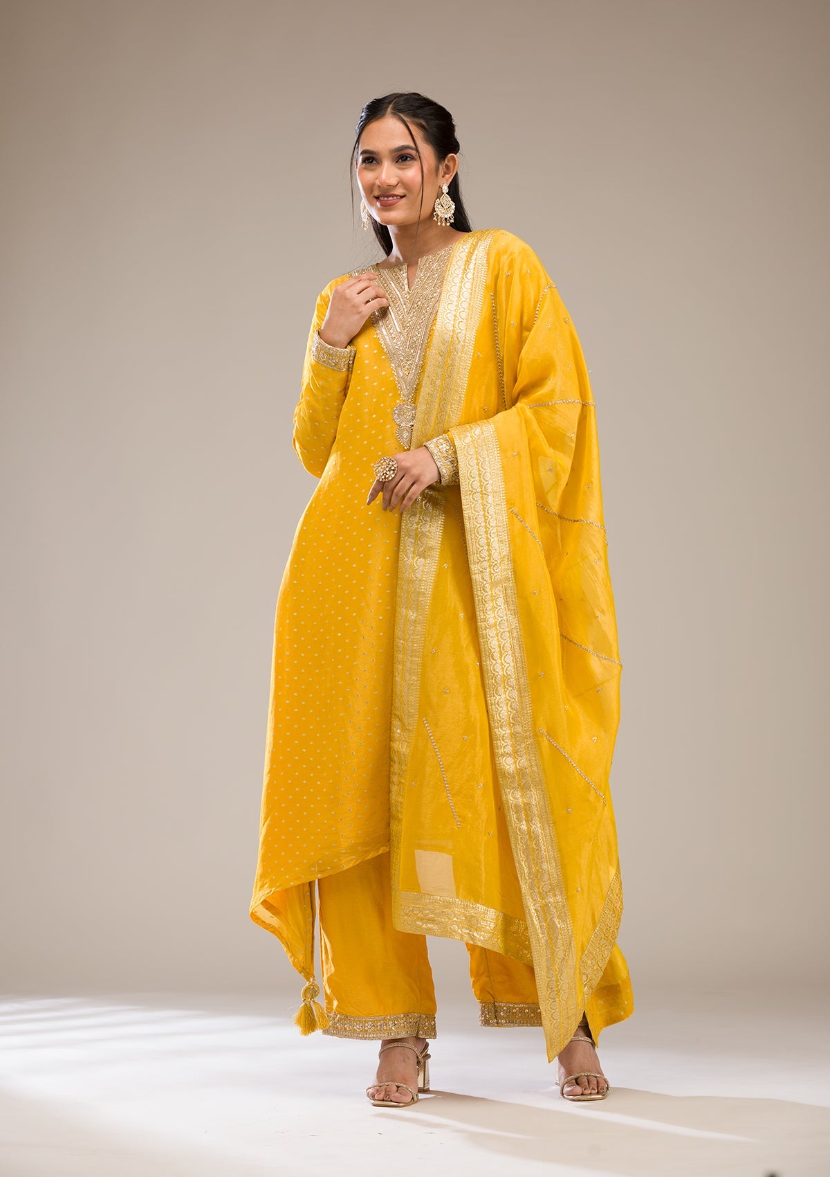 Mustard Zariwork Semi Crepe Readymade Salwar Suit-Koskii