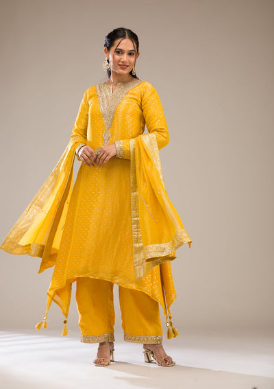 Mustard Zariwork Semi Crepe Readymade Salwar Suit-Koskii