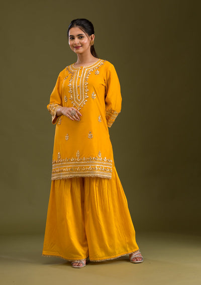 Mustard Zariwork Semi Crepe Readymade Salwar Suit-Koskii