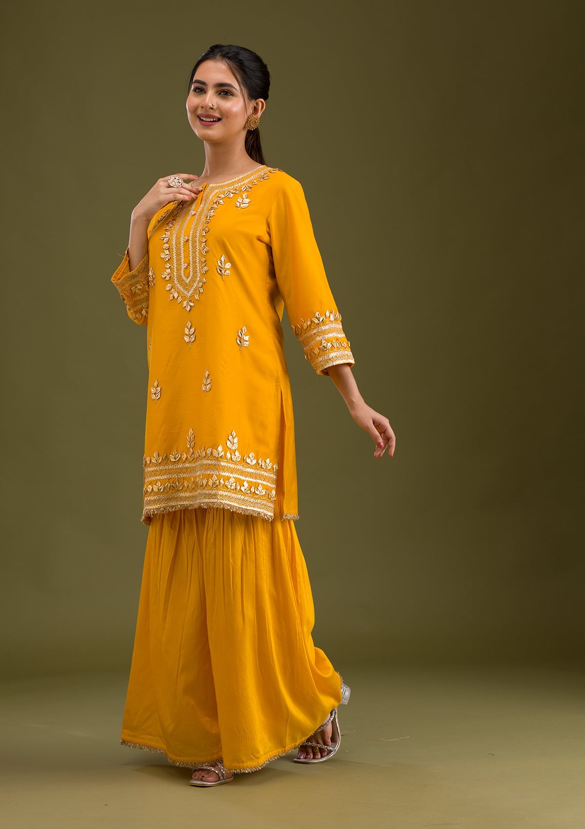 Mustard Zariwork Semi Crepe Readymade Salwar Suit-Koskii