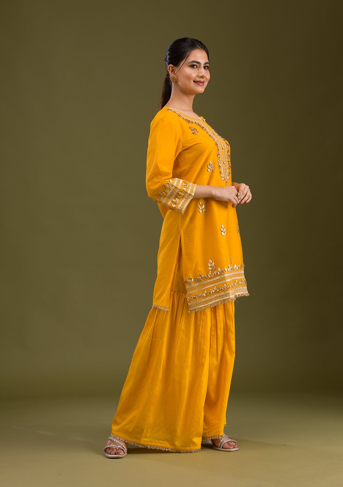 Mustard Zariwork Semi Crepe Readymade Salwar Suit-Koskii