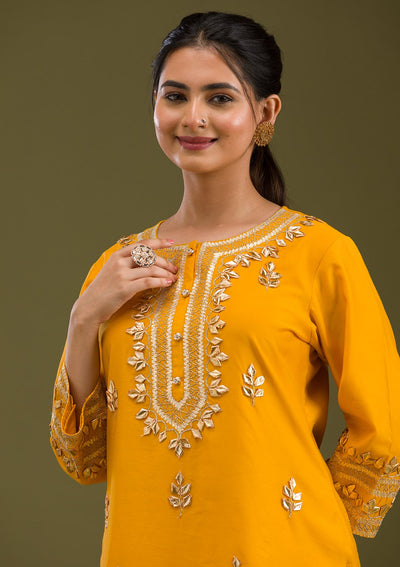 Mustard Zariwork Semi Crepe Readymade Salwar Suit-Koskii