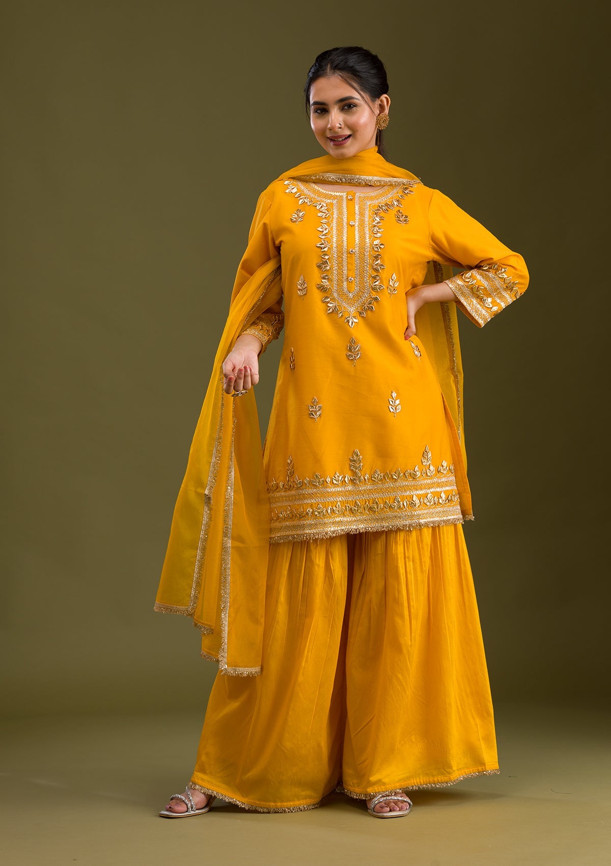 Mustard Zariwork Semi Crepe Readymade Salwar Suit-Koskii