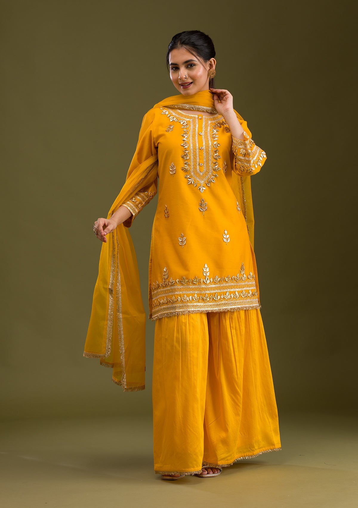 Mustard Zariwork Semi Crepe Readymade Salwar Suit-Koskii